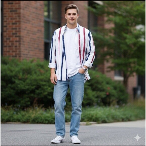 Vintage GAP Men’s XL Striped Button Down Shirt Red White Blue Y2K - Picture 2 of 16